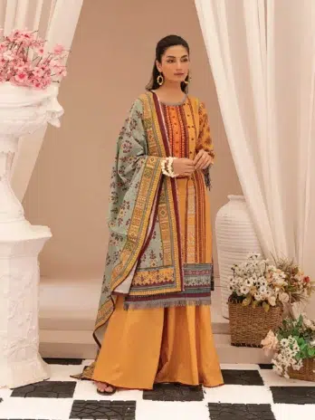 Selena by Zesh Textile SZT-10 - 1 in Brownish Orange color showcasing the dyed embroidered khaddar front with intricate detailing.