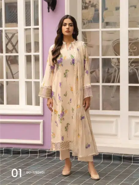 Tehzeeb by Gulljee D-01 -1 in Almond color, digitally printed lawn boring embroidered front with matching chiffon cutwork dupatta and Cambric cotton trousers.