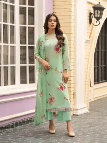 Tehzeeb by Gulljee D-03 -1, Frog Green color, 3pcs unstitched digital printed lawn suit with embroidered front, printed back and sleeves, Bamber chiffon cutwork dupatta, and Cambric cotton trousers.