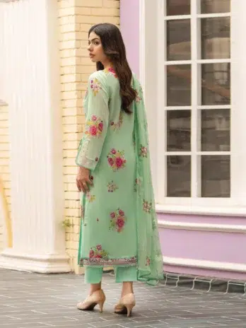 Tehzeeb by Gulljee D-03 -2, Frog Green color, unstitched lawn suit with embroidered front, printed back and sleeves, chiffon cutwork dupatta, and trousers.