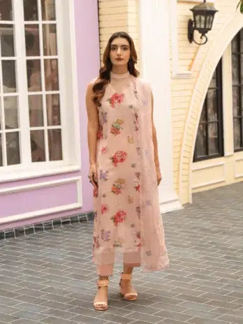 Tehzeeb by Gulljee D-06 -1 in Pinkish Grey, featuring digital printed lawn embroidered front, matching back and sleeves, with a dyed Bamber chiffon embroidered cutwork dupatta and dyed Cambric cotton trousers.