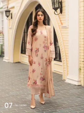 Tehzeeb by Gulljee D-07 -1 in Burly Wood color, featuring a digital printed lawn embroidered front with a dyed Bamber chiffon embroidered cutwork dupatta and dyed Cambric cotton trousers.