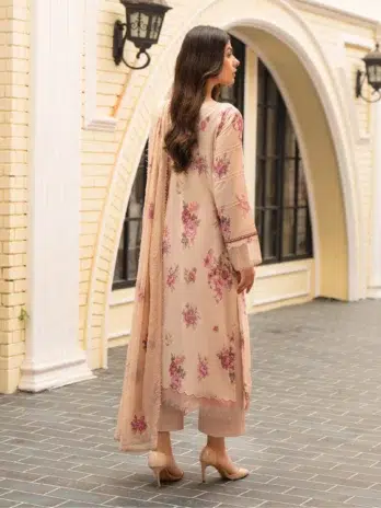 Tehzeeb by Gulljee D-07 -2 in Burly Wood color, showcasing a digital printed lawn back and sleeves with intricate embroidery and a luxurious dyed Bamber chiffon dupatta.