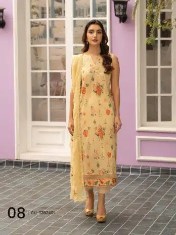 Tehzeeb by Gulljee D-08 -1 in Pastel Yellow, featuring Digital Printed Lawn with Embroidered Front, Back & Sleeves, Chiffon Dupatta, and Cambric Trousers.