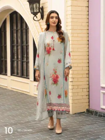 Tehzeeb by Gulljee D-10 -1 in Grey Olive color, 3-piece unstitched digital printed lawn suit featuring embroidered front, back, sleeves, bamber chiffon embroidered dupatta, and cambric cotton trousers.