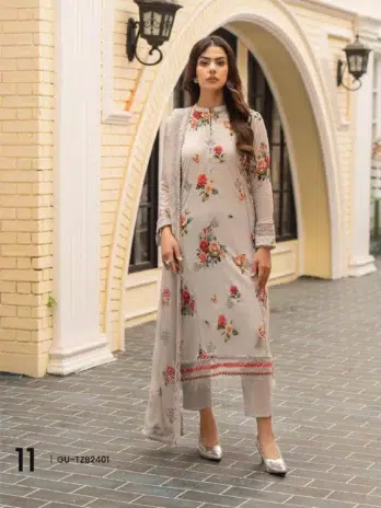 Tehzeeb by Gulljee D-11 -1, 3pcs unstitched Soft Amber color with Digital Printed Lawn Boring Embroidered Front, Back & Sleeves.