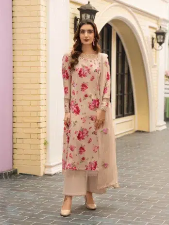 Tehzeeb by Gulljee D-12 -1 in Mashroom color, featuring a digital printed lawn embroidered front, back, and sleeves with a dyed Bamber chiffon cutwork dupatta and cambric cotton trousers.