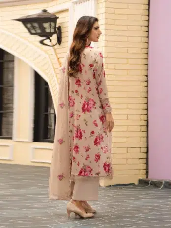 Tehzeeb by Gulljee D-12 -2 in Mashroom color, highlighting intricate embroidery on digital printed lawn with a matching cutwork dupatta and trousers.