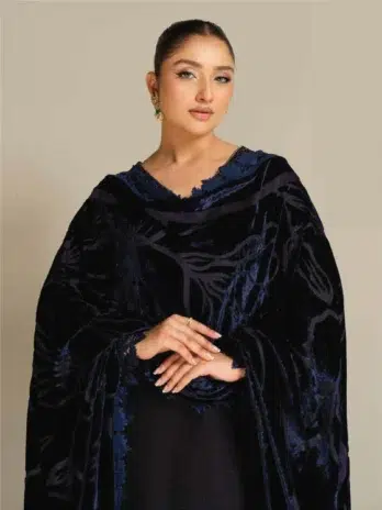 Tehzeeb by Riaz Arts TL-360 -3, Cinder color, Embroidered Leather Peach Shirt with Velvet Palachi Shawl and Plain Trouser.