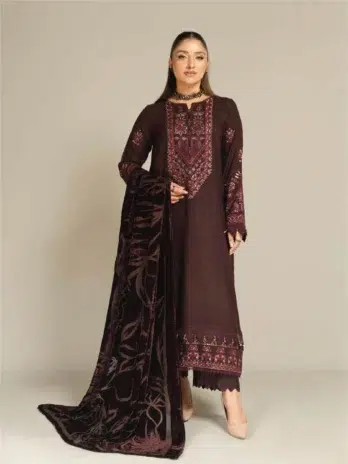 Tehzeeb by Riaz Arts TL-361 -1, unstitched embroidered leather peach shirt with velvet Palachi shawl and plain trouser in Cork color.