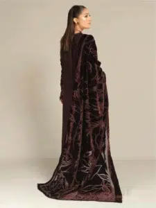 Tehzeeb by Riaz Arts TL-361 -2, elegant Cork color unstitched embroidered leather peach fabric with velvet Palachi shawl and plain trouser.