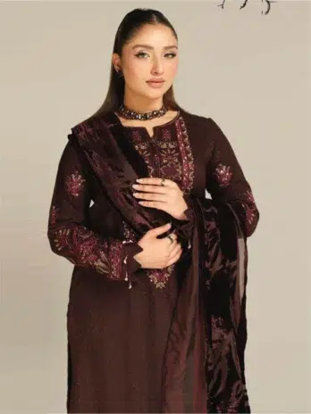 Tehzeeb by Riaz Arts TL-361 -3, luxury Cork color embroidered leather peach fabric with velvet Palachi shawl and trouser.