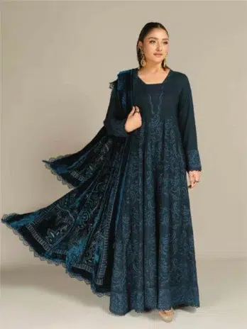 Tehzeeb by Riaz Arts TL-362-1 in Dark Slate Grey - Embroidered Leather Peach Shirt with Velvet Palachi Shawl