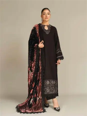Tehzeeb by Riaz Arts TL-363-1, Black color, embroidered leather peach shirt with velvet Palachi shawl and plain trouser