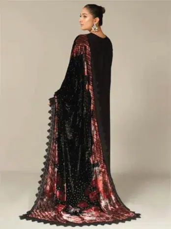 Tehzeeb by Riaz Arts TL-363-2, Black color, embroidered leather peach shirt with velvet Palachi shawl and plain trouser