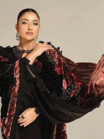 Tehzeeb by Riaz Arts TL-363-3, Black color, embroidered leather peach shirt with velvet Palachi shawl and plain trouser