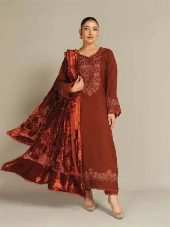 Tehzeeb by Riaz Arts TL-364-1 in Burnt Umber - Embroidered Leather Peach Shirt with Velvet Palachi Shawl and Plain Trouser