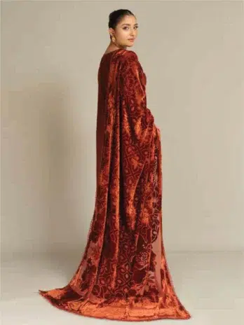 Tehzeeb by Riaz Arts TL-364-2 in Burnt Umber - Embroidered Leather Peach Shirt with Velvet Palachi Shawl and Plain Trouser