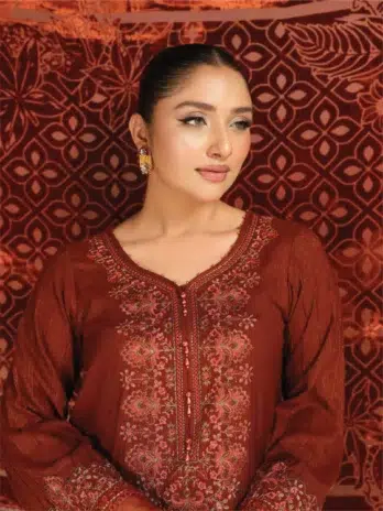 Tehzeeb by Riaz Arts TL-364-3 in Burnt Umber - Embroidered Leather Peach Shirt with Velvet Palachi Shawl and Plain Trouser