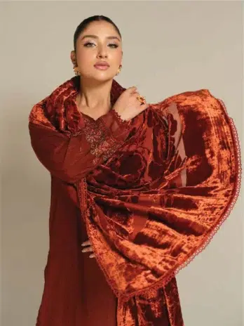 Tehzeeb by Riaz Arts TL-364-4 in Burnt Umber - Embroidered Leather Peach Shirt with Velvet Palachi Shawl and Plain Trouser