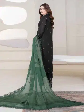 "Model styled in Anadil By Riaz Arts D-01 in black color posing in an elegant setting."