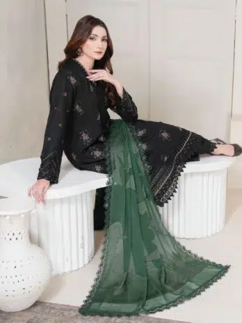 "Full outfit of Anadil By Riaz Arts D-01 in black color with matching embroidered dupatta."