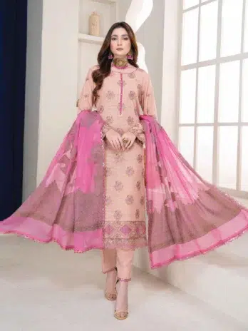 "Front view of Anadil By Riaz Arts D-02 in light pink color featuring delicate floral embroidery."