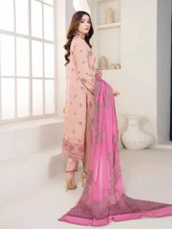 "Model wearing Anadil By Riaz Arts D-02 in light pink color posing in a serene setting."