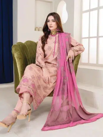 "Close-up of embroidery and fabric details on Anadil By Riaz Arts D-02 in light pink color."