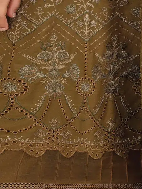 Detailed embroidery of Dil E Naaz By Aalaya D-05 in Otter Brown fabric