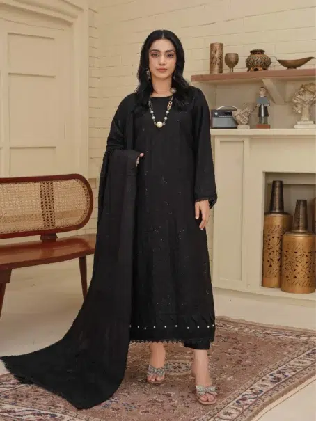 "Front view of Dil E Naaz By Aalaya D-06 unstitched outfit in Black color"