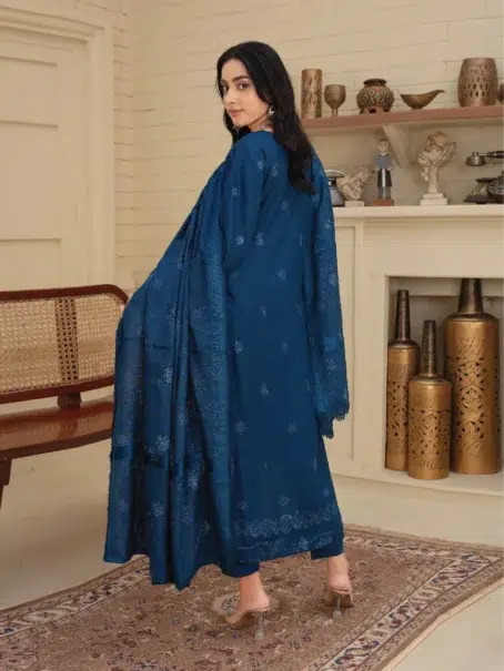 "Rear design of Dil E Naaz By Aalaya D-07 in Blue unstitched suit"