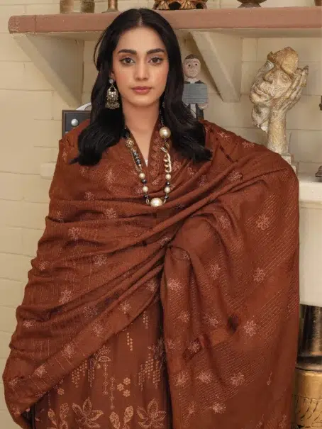 "Close-up of embroidery on Dil E Naaz By Aalaya D-08 in Brown color"