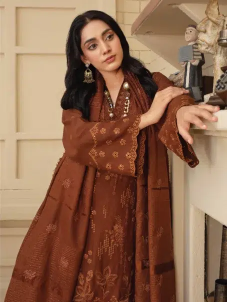 "Complete set of Dil E Naaz By Aalaya D-08 unstitched suit in Brown"