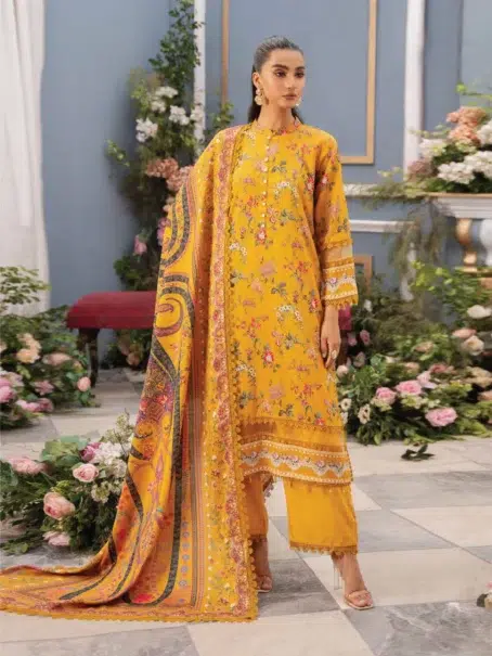 "Mausummery Linen Vol 3 Bahar in Yellow - Front view with floral design"