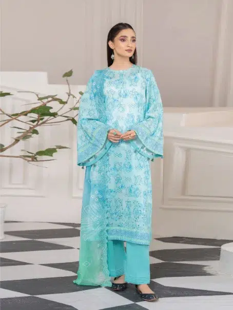 Nora by Gulljee A-09 Blue Hosta three-piece embroidered outfit front view"