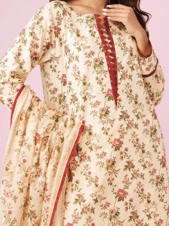 Orient Lawn Collection D-01 cream unstitched fabric with intricate embroidery details