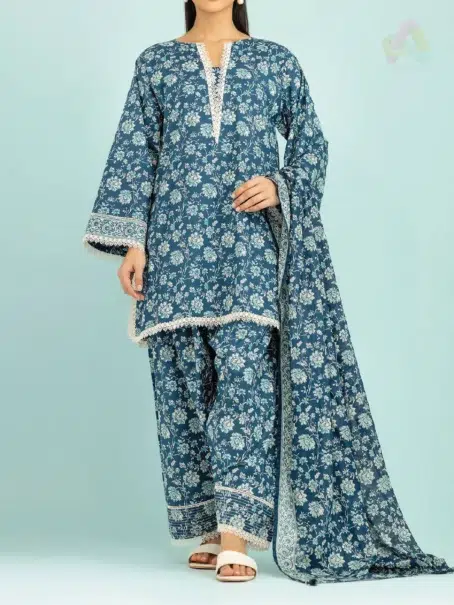 "Front view of Orient Lawn Collection D-02 in Casal color showcasing intricate floral embroidery on lightweight fabric."