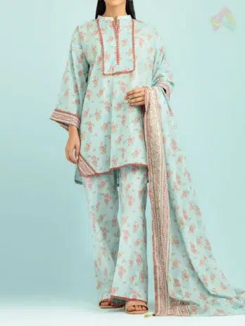 "Front view of Orient Lawn Collection D-03 in Sea Mist color with delicate floral patterns and premium fabric."