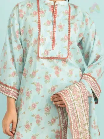 "Detailed close-up of the intricate embroidery on Orient Lawn Collection D-03 in Sea Mist color."