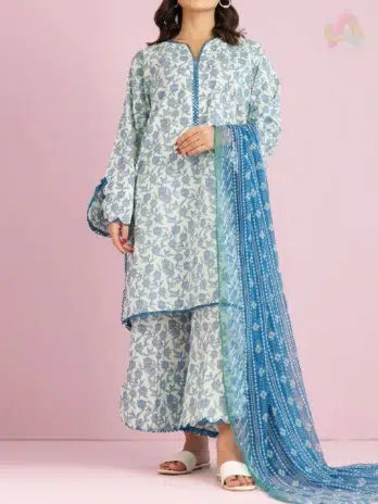 "Front view of Orient Lawn Collection D-04 in Light Blue color with elegant floral motifs."