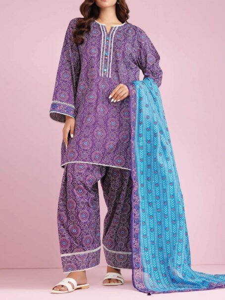 "Front view of Orient Lawn Collection D-05 in Muted Purple color showcasing floral motifs and intricate design."