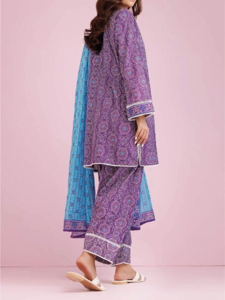 "Model wearing Orient Lawn Collection D-05 in Muted Purple color, styled in an airy outdoor setting."