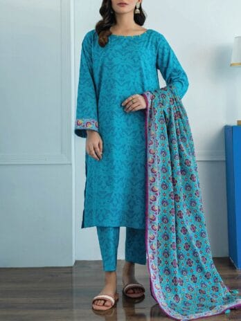 "Front view of Orient Lawn Collection D-06 in Eastern Blue color featuring delicate floral prints and elegant tailoring."