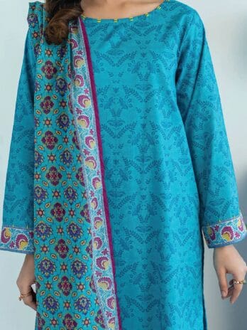 "Close-up of the embroidery and fabric details of Orient Lawn Collection D-06 in Eastern Blue color."