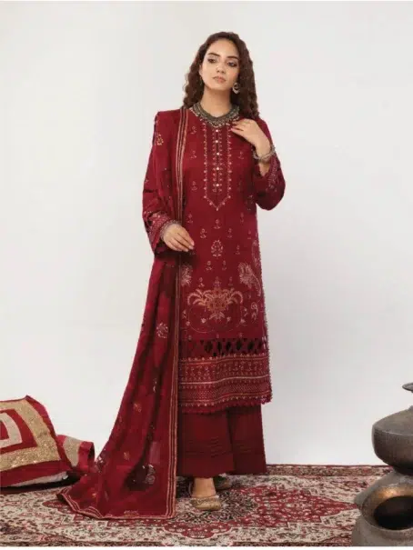 Rangraiz By Mahay D-02 Red Color Front View Luxury Dhanak Outfit