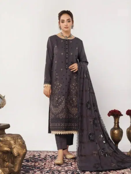 Rangraiz By Mahay D-04 Vampire Grey Front View Luxury Embroidered Dhanak Outfit