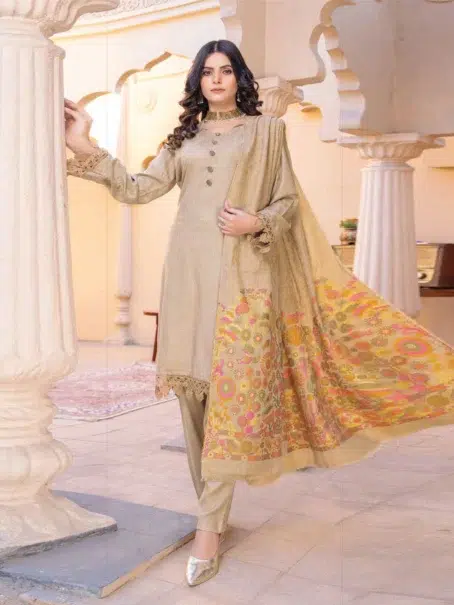 Roniq By Riaz Arts D-01 three-piece suit in Rodeo Dust color with intricate embroidery.