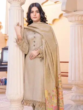 Full front view of Roniq By Riaz Arts D-01 embroidered dress in Rodeo Dust.