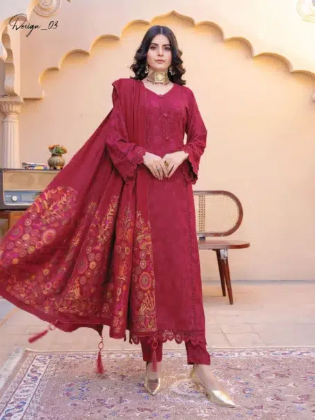 Roniq By Riaz Arts D-03 Rich Maroon fabric with intricate jacquard pattern